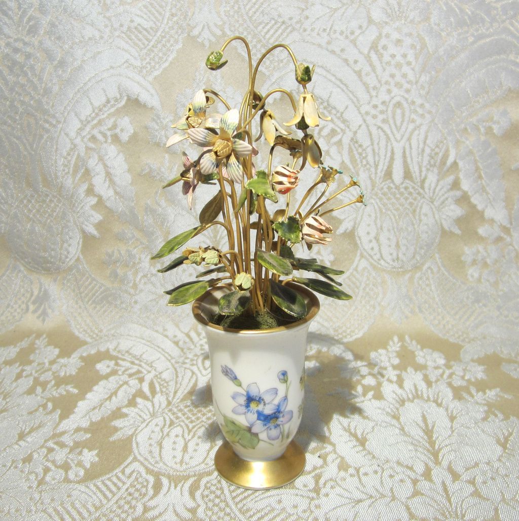 Miniature Porcelain Vase with Enamel Brass Flowers from mllebereux on