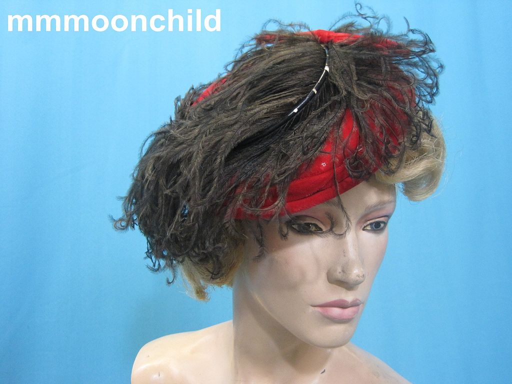 Vintage tilt hat w ostrich feather red velvet 1940s Vintage tilt hat w ostrich feather red velvet 1940s