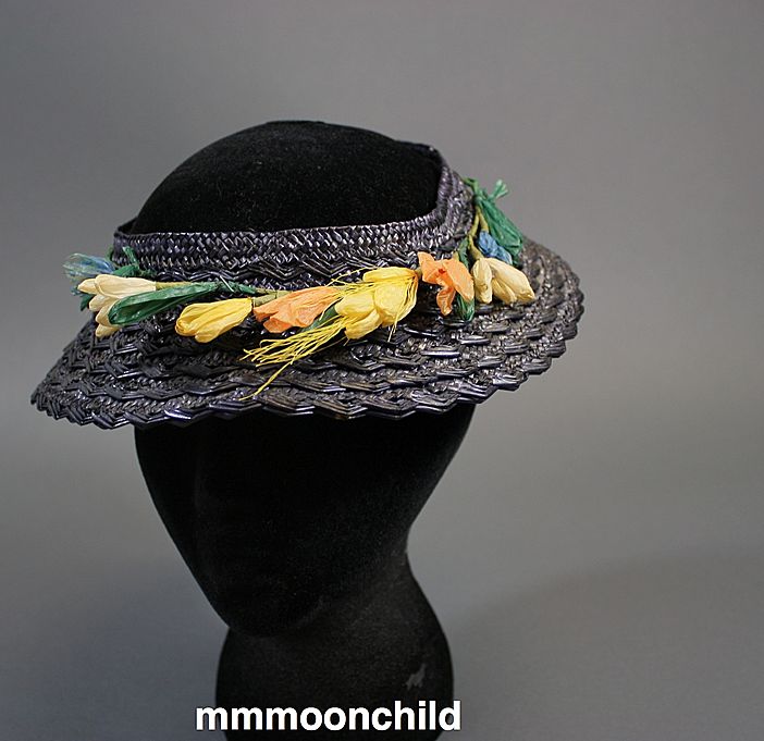 Vintage hat 1940s summer straw w open top original trim Vintage hat 1940s summer straw w open top original trim