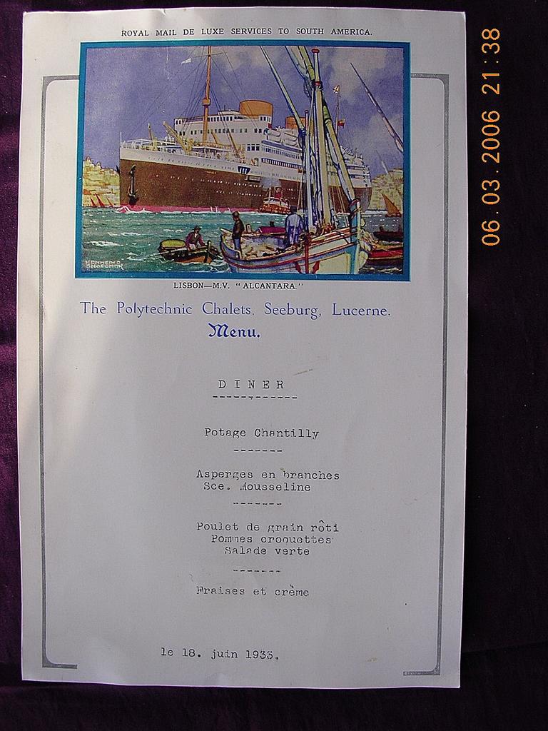 1933 MV Alcantara Dinner Menu Portugese Shipping Line 1933 MV Alcantara Dinner Menu Portugese Shipping Line