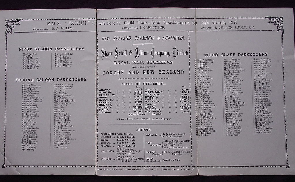 R.M.S. TAINUI - Shaw Savill & Albion Co - Passenger List 1921 R.M.S. TAINUI - Shaw Savill & Albion Co - Passenger List 1921