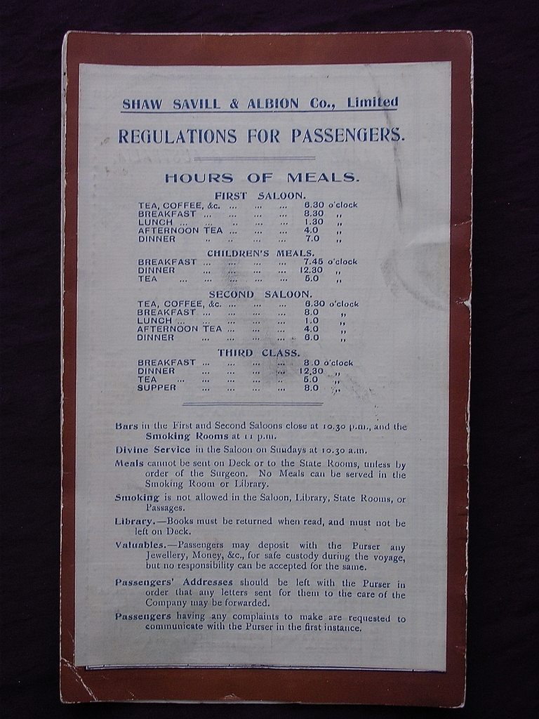 R.M.S. TAINUI - Shaw Savill & Albion Co - Passenger List 1921 R.M.S. TAINUI - Shaw Savill & Albion Co - Passenger List 1921