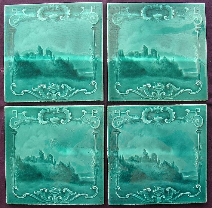 A Set Of Four Stunning Victorian Art Nouveau PICTORIAL Porcelain Tiles A Set Of Four Stunning Victorian Art Nouveau PICTORIAL Porcelain Tiles