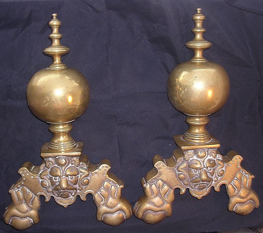 Massive Ornate Victorian Brass Andirons Massive Ornate Victorian Brass Andirons