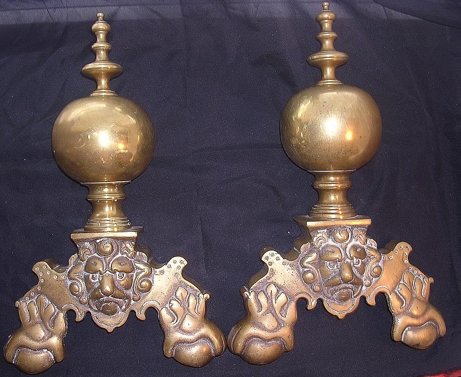 Massive Ornate Victorian Brass Andirons Massive Ornate Victorian Brass Andirons