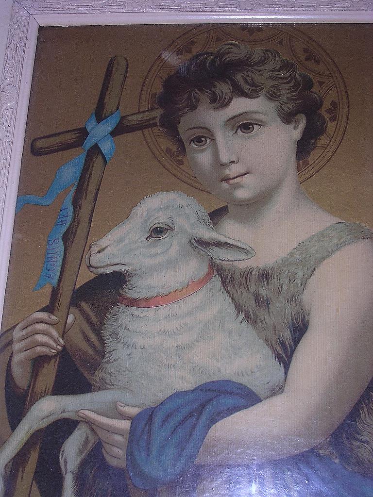 Victorian Framed Religious Lithograph ' Baby Jesus & The Lamb Of God' Victorian Framed Religious Lithograph ' Baby Jesus & The Lamb Of God'