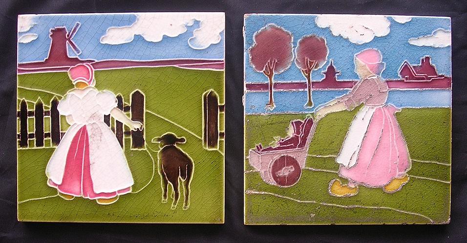 Two Delightful Rare Old English TILES With Dutch Children's Scenes Two Delightful Rare Old English TILES With Dutch Children's Scenes