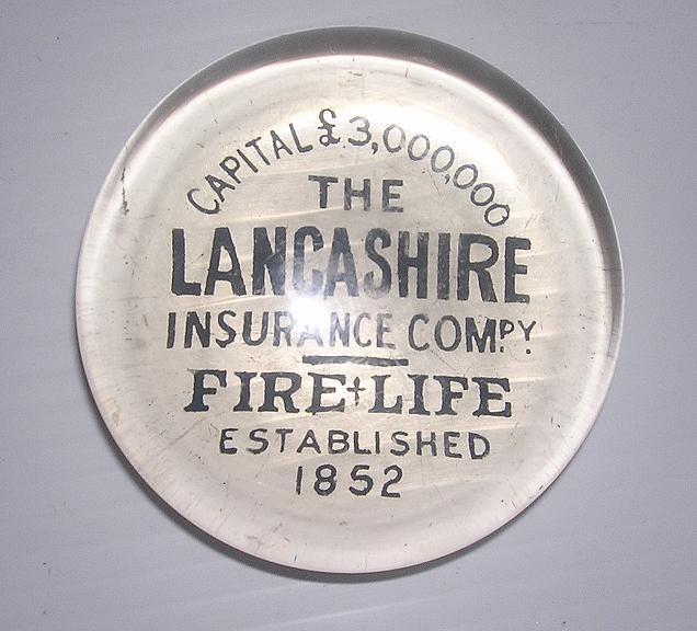 Victorian Era Glass Paperweight For LANCASHIRE Insurance Victorian Era Glass Paperweight For LANCASHIRE Insurance