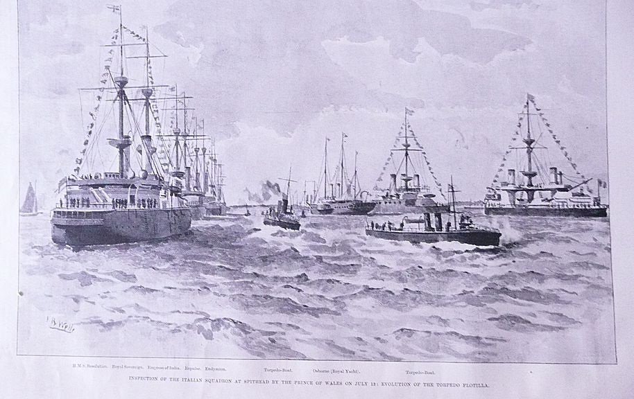 'Inspection of The Italian Squadron at Spithead' Full Page from The London Illustrated News July 1895 'Inspection of The Italian Squadron at Spithead' Full Page from The London Illustrated News July 1895