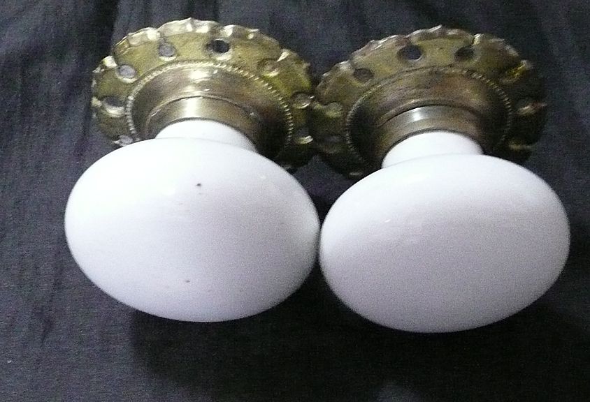 A Pair of Victorian Porcelain & Brass Door Handles A Pair of Victorian Porcelain & Brass Door Handles
