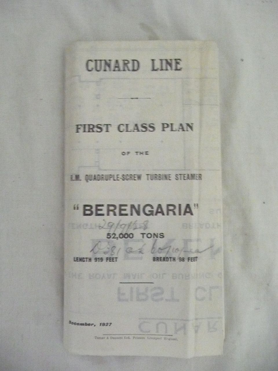 Cunard Line Steamer BERENGARIA Deck Plans 1927 Cunard Line Steamer BERENGARIA Deck Plans 1927