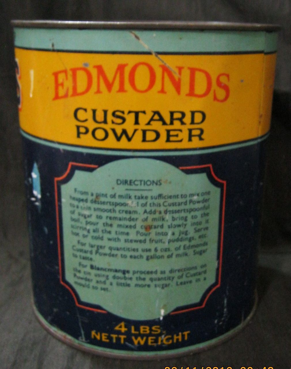 Large 4lbs EDMONDS Custard Powder Tin Circa 1940's-1950 Large 4lbs EDMONDS Custard Powder Tin Circa 1940's-1950