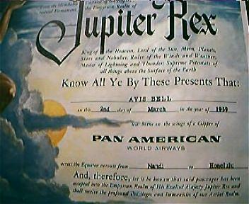 PAN AM Airlines Vintage 1959 " Jupiter Rex" Equator Crossing Certificate. PAN AM Airlines Vintage 1959 " Jupiter Rex" Equator Crossing Certificate.