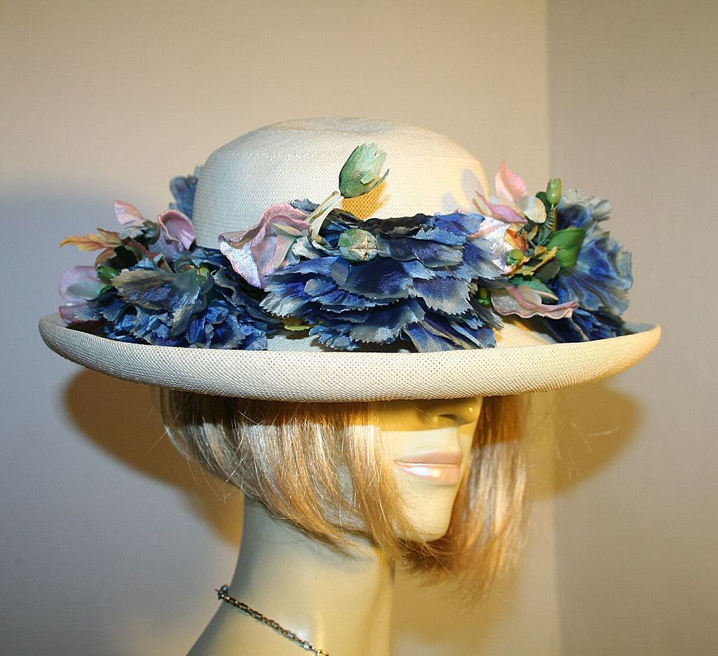 Beautiful 40s Wide Brim Straw Hat with Blue Flowers Beautiful 40s Wide Brim Straw Hat with Blue Flowers