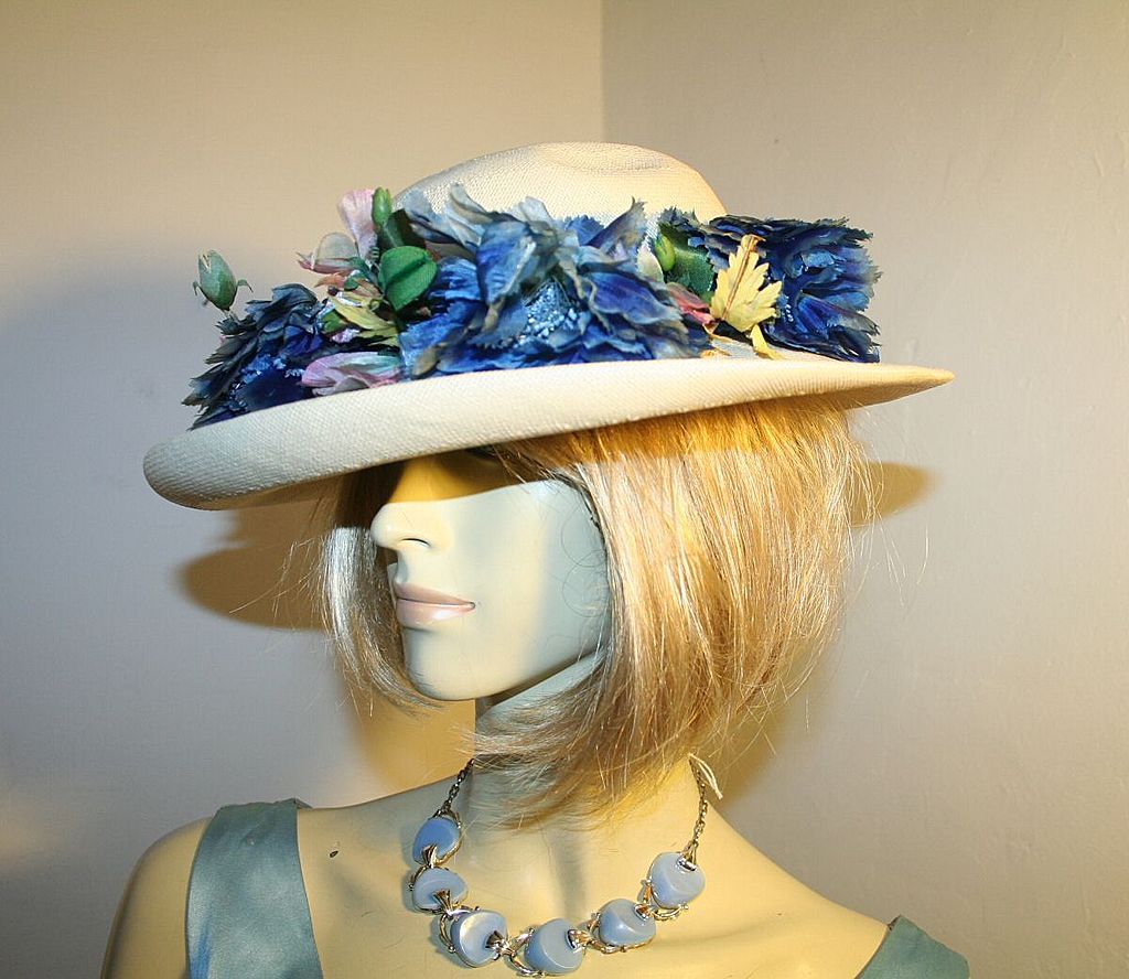 Beautiful 40s Wide Brim Straw Hat with Blue Flowers Beautiful 40s Wide Brim Straw Hat with Blue Flowers