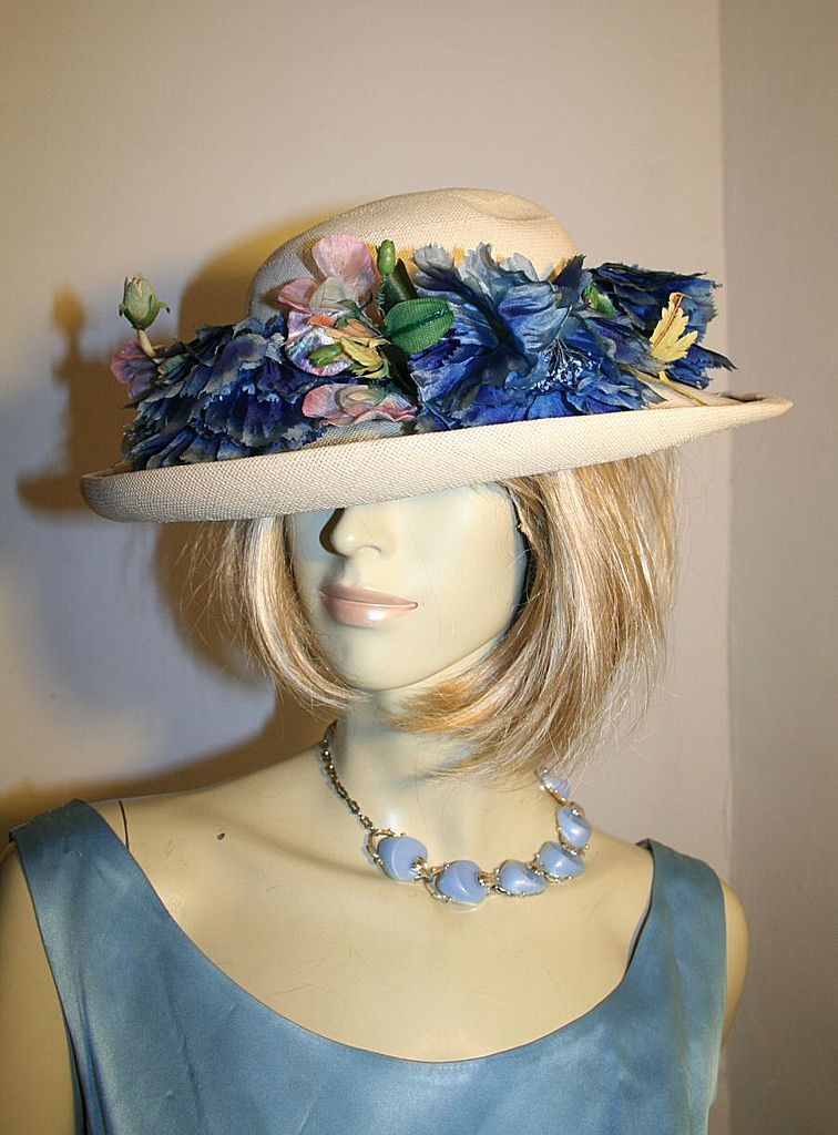 Beautiful 40s Wide Brim Straw Hat with Blue Flowers Beautiful 40s Wide Brim Straw Hat with Blue Flowers