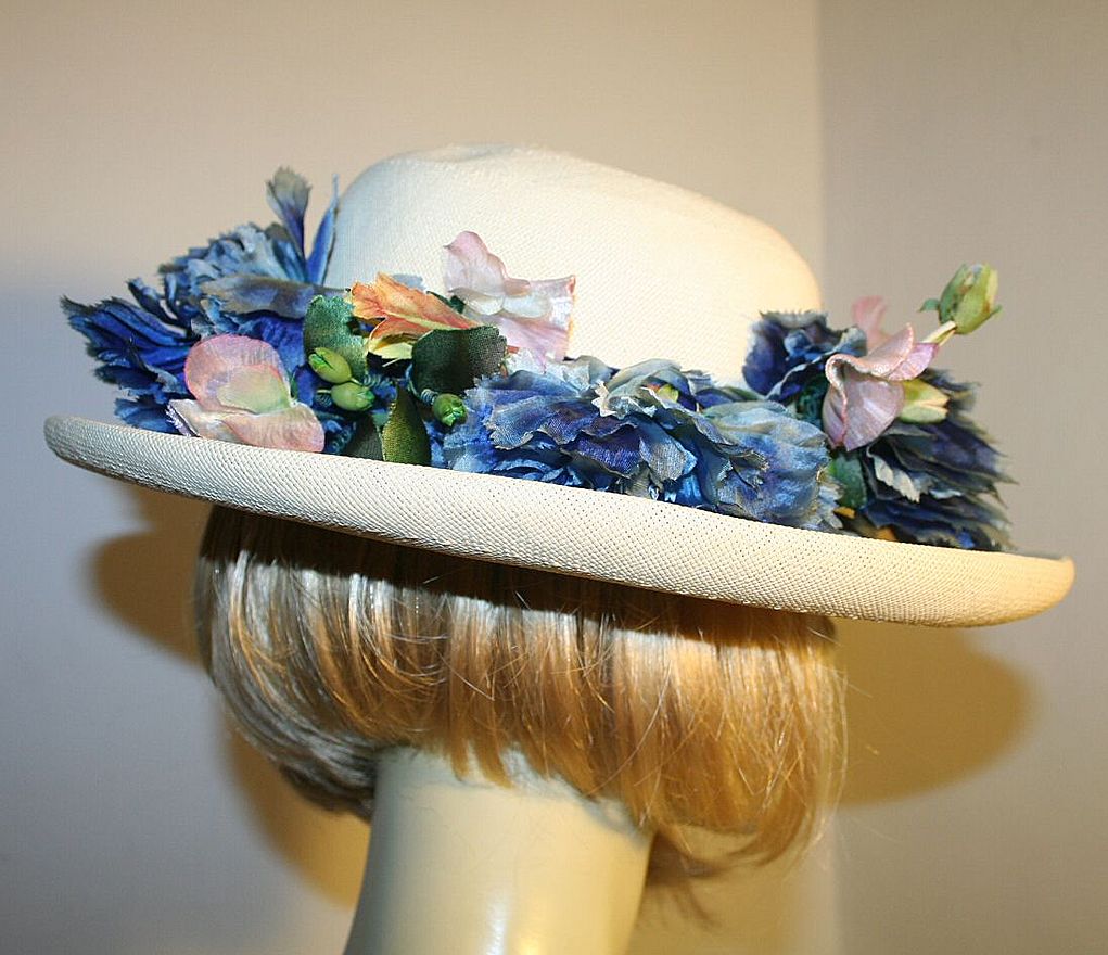 Beautiful 40s Wide Brim Straw Hat with Blue Flowers Beautiful 40s Wide Brim Straw Hat with Blue Flowers