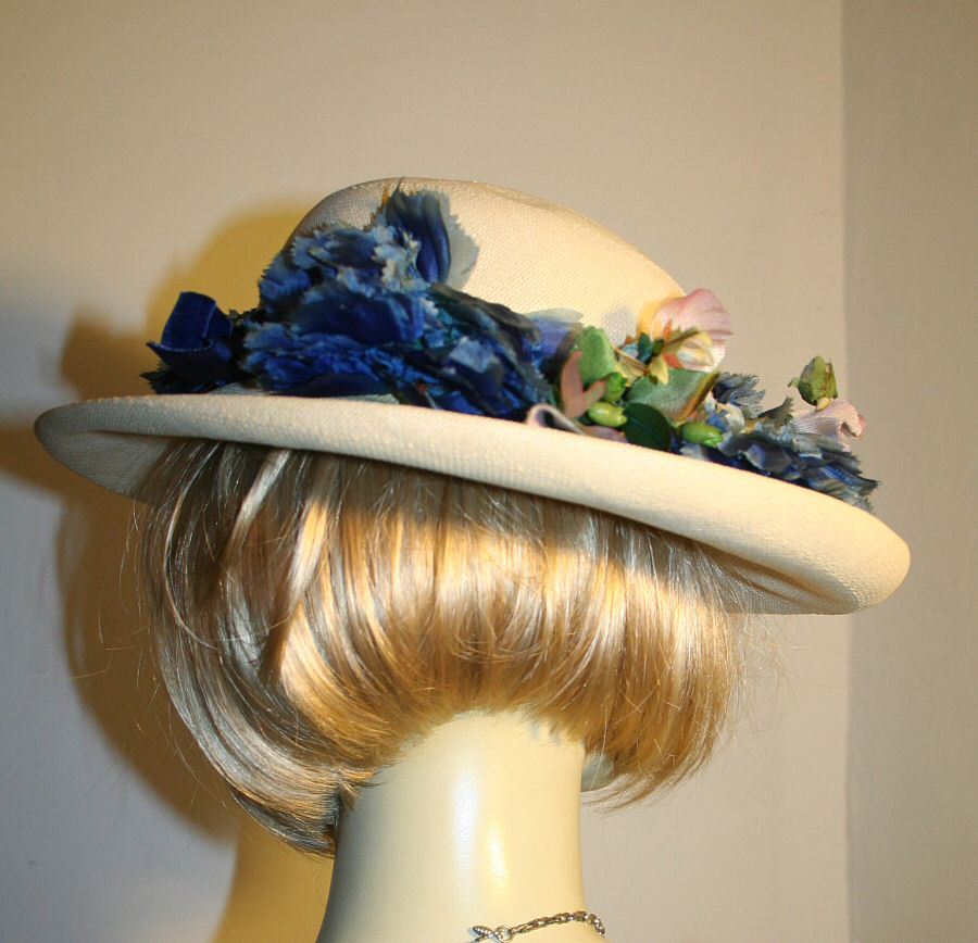Beautiful 40s Wide Brim Straw Hat with Blue Flowers Beautiful 40s Wide Brim Straw Hat with Blue Flowers