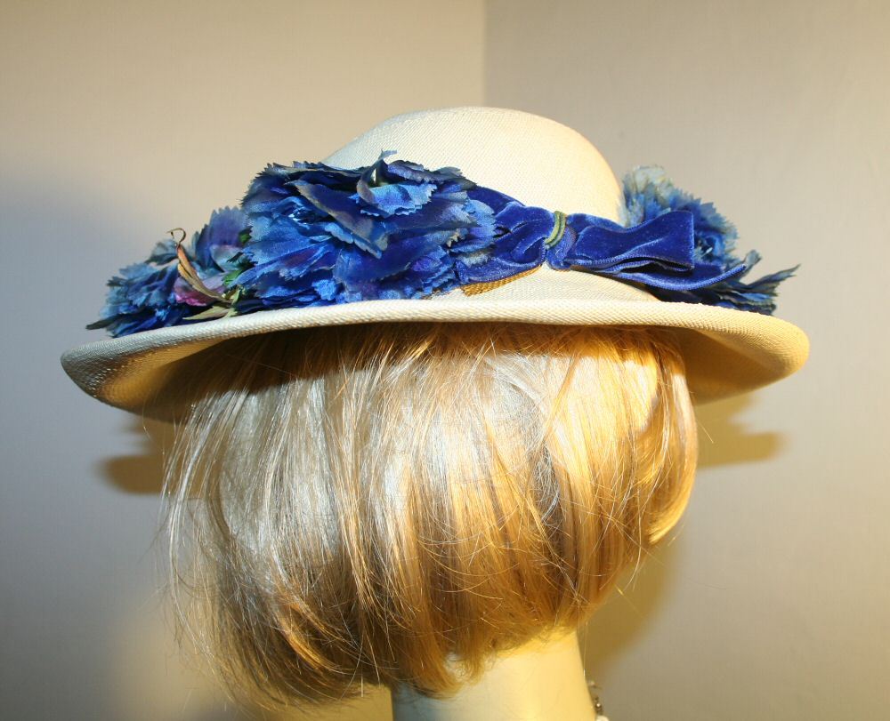 Beautiful 40s Wide Brim Straw Hat with Blue Flowers Beautiful 40s Wide Brim Straw Hat with Blue Flowers
