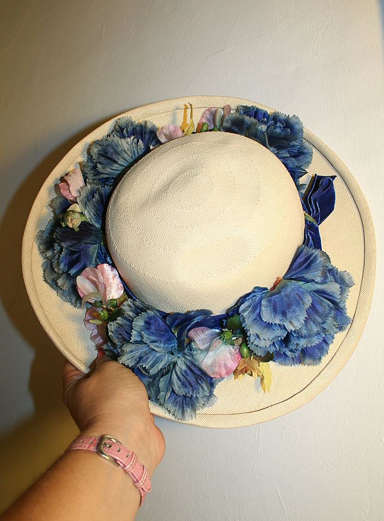 Beautiful 40s Wide Brim Straw Hat with Blue Flowers Beautiful 40s Wide Brim Straw Hat with Blue Flowers