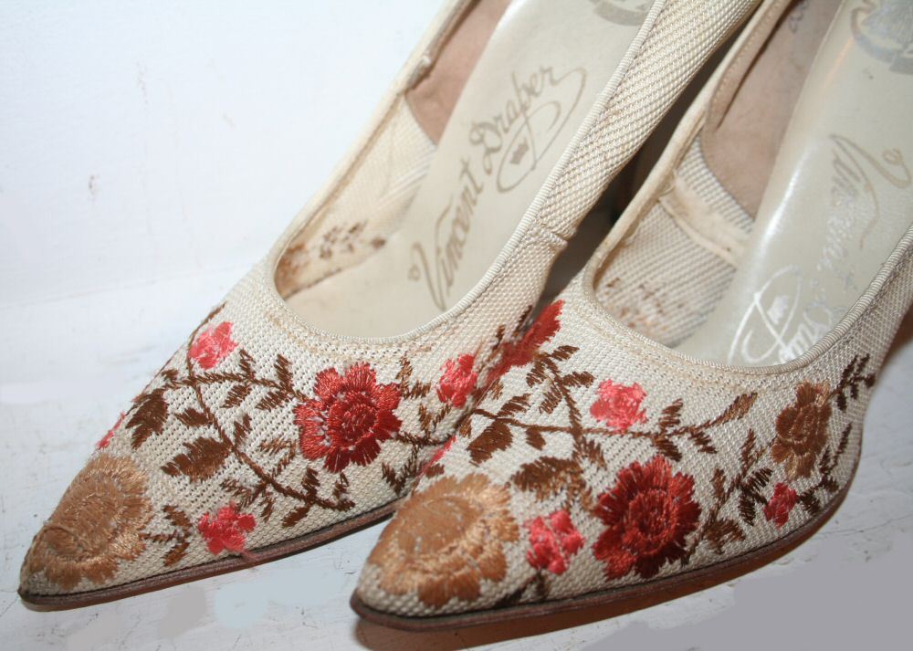 50s Heels Tan Floral Embroidered Stiletto Shoes 5 6 50s Heels Tan Floral Embroidered Stiletto Shoes 5 6