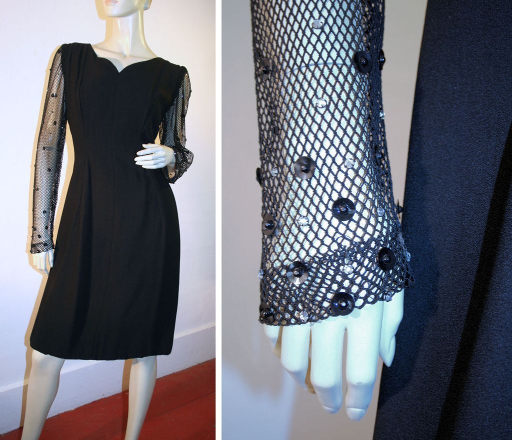 Devilish 60's Little Black Dress with Rhinestone Net Sleeves M Devilish 60's Little Black Dress with Rhinestone Net Sleeves M