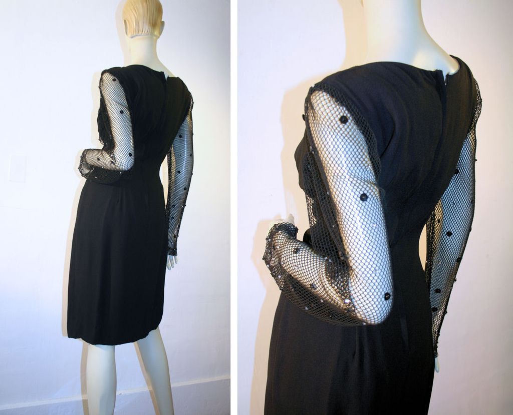 Devilish 60's Little Black Dress with Rhinestone Net Sleeves M Devilish 60's Little Black Dress with Rhinestone Net Sleeves M