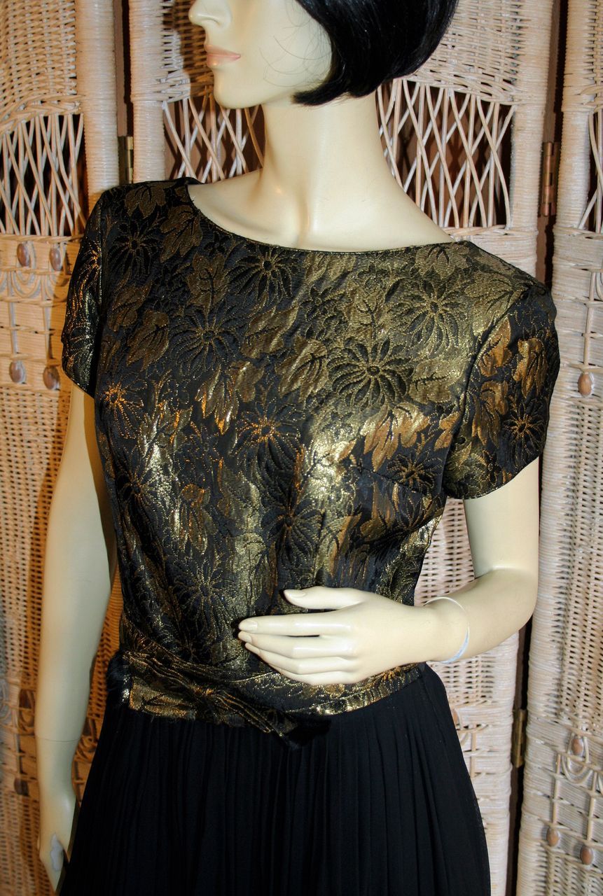 Opulent 60's Metallic Gold Brocade and Black Chiffon Cocktail Dress M Opulent 60's Metallic Gold Brocade and Black Chiffon Cocktail Dress M