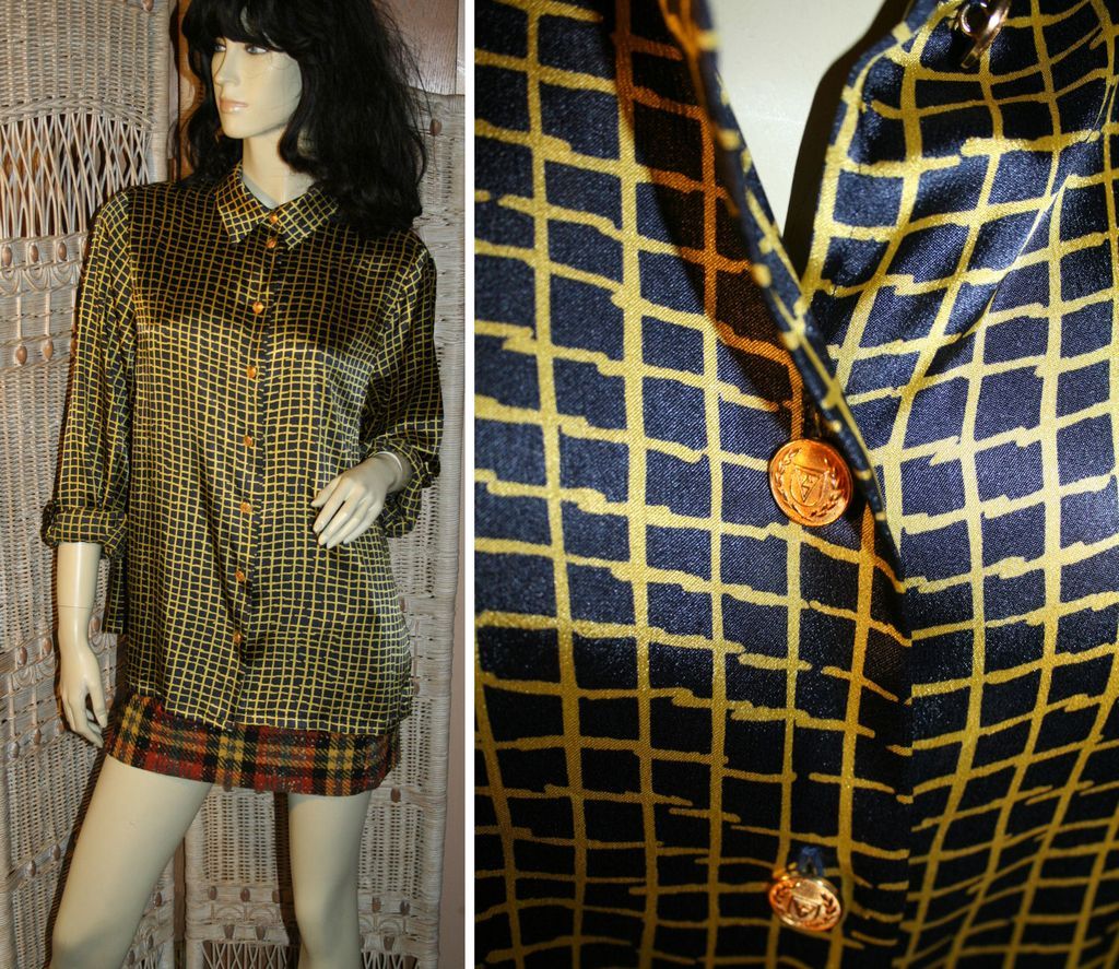 Horst Basler Yellow Black Grid Print Silky Blouse XL Horst Basler Yellow Black Grid Print Silky Blouse XL