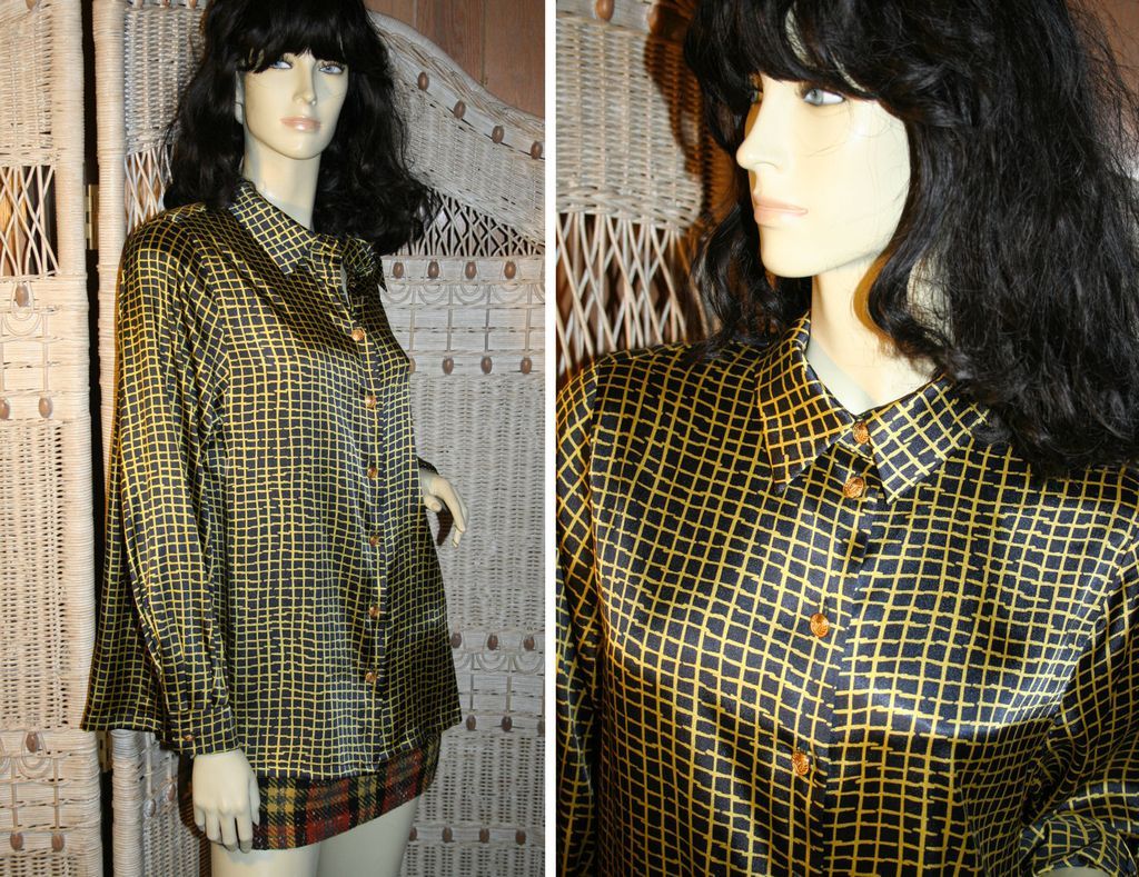 Horst Basler Yellow Black Grid Print Silky Blouse XL Horst Basler Yellow Black Grid Print Silky Blouse XL
