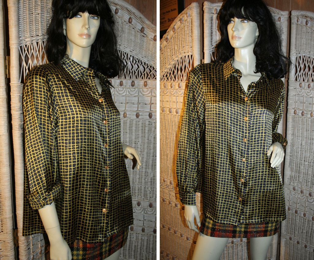 Horst Basler Yellow Black Grid Print Silky Blouse XL Horst Basler Yellow Black Grid Print Silky Blouse XL