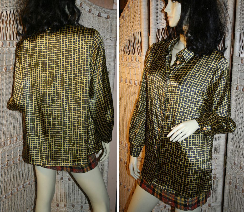 Horst Basler Yellow Black Grid Print Silky Blouse XL Horst Basler Yellow Black Grid Print Silky Blouse XL