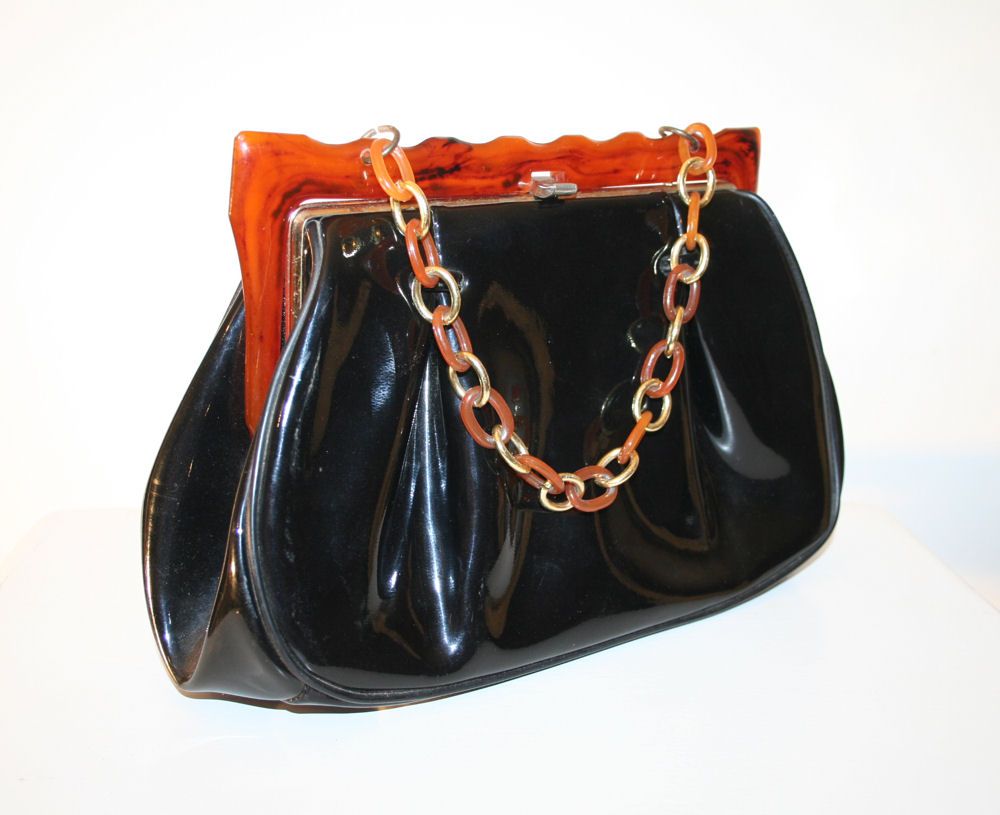 Fabulous 50's Black Purse with Rootbeer Lucite Frame and Chain Fabulous 50's Black Purse with Rootbeer Lucite Frame and Chain