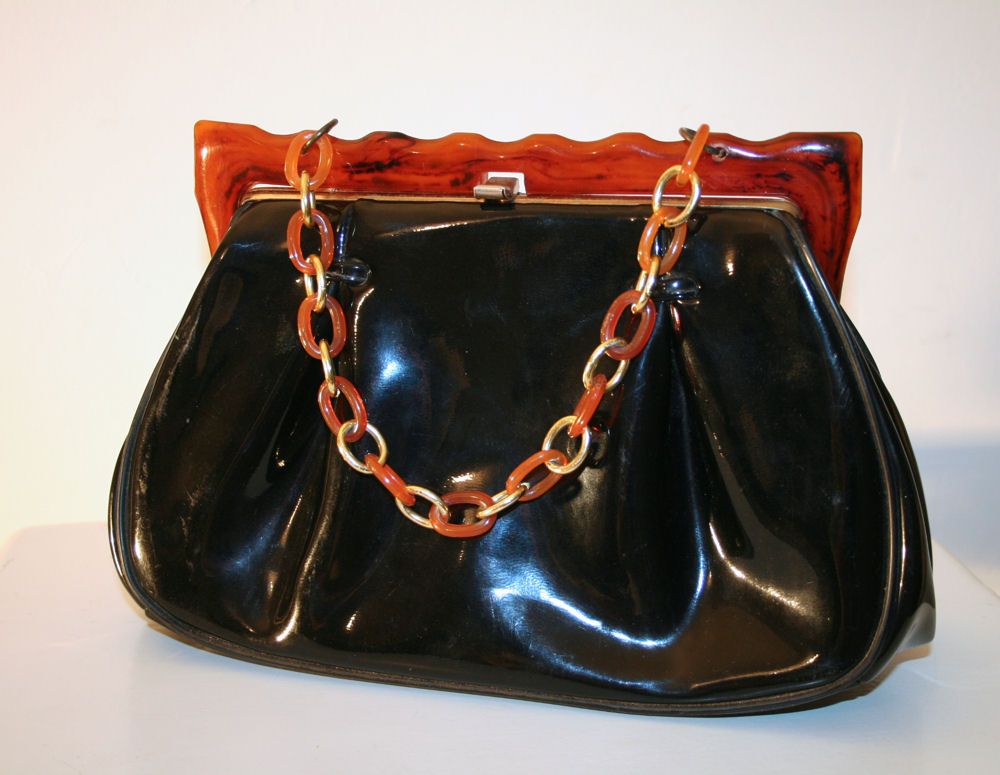 Fabulous 50's Black Purse with Rootbeer Lucite Frame and Chain Fabulous 50's Black Purse with Rootbeer Lucite Frame and Chain