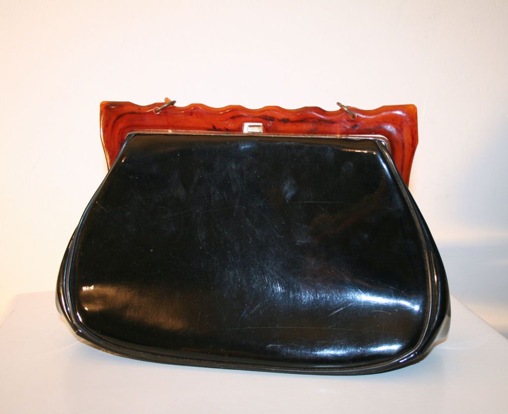Fabulous 50's Black Purse with Rootbeer Lucite Frame and Chain Fabulous 50's Black Purse with Rootbeer Lucite Frame and Chain