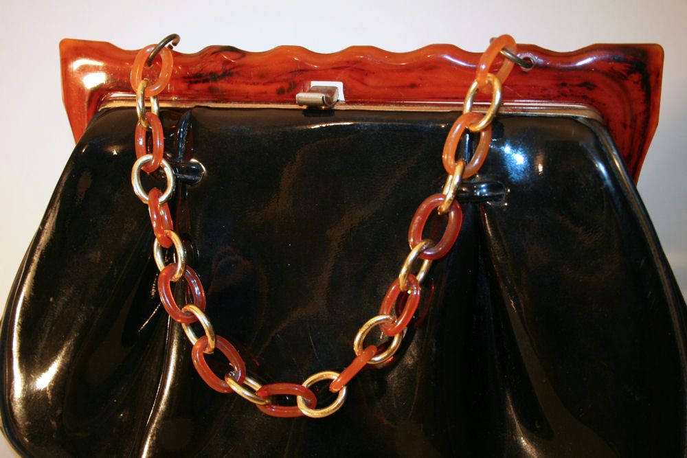 Fabulous 50's Black Purse with Rootbeer Lucite Frame and Chain Fabulous 50's Black Purse with Rootbeer Lucite Frame and Chain