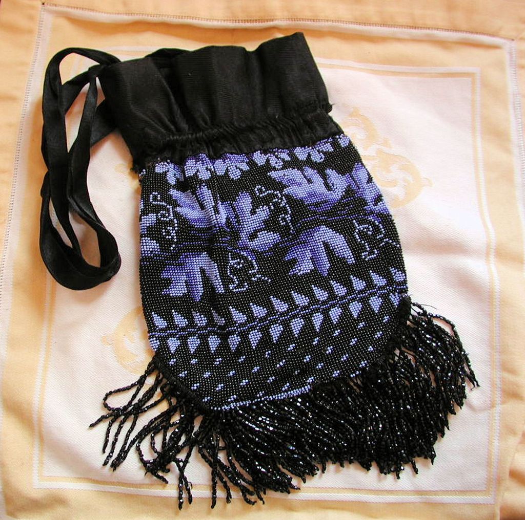 Victorian Black Blue Leaf Pattern Micro Beaded Drawstring Bag Victorian Black Blue Leaf Pattern Micro Beaded Drawstring Bag