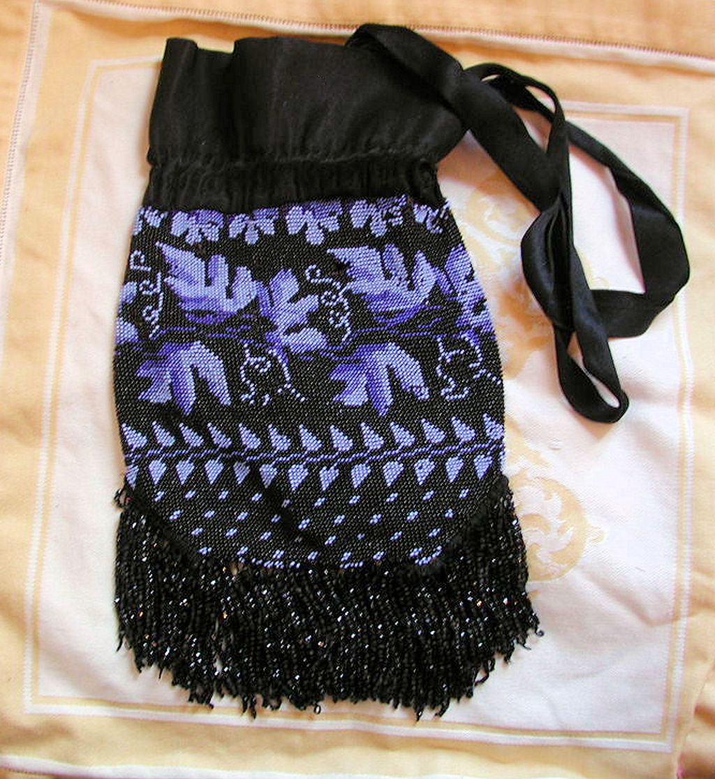 Victorian Black Blue Leaf Pattern Micro Beaded Drawstring Bag Victorian Black Blue Leaf Pattern Micro Beaded Drawstring Bag