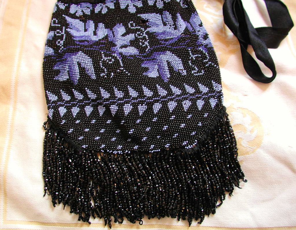 Victorian Black Blue Leaf Pattern Micro Beaded Drawstring Bag Victorian Black Blue Leaf Pattern Micro Beaded Drawstring Bag