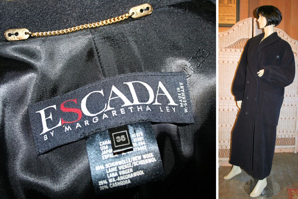 80's Escada Navy Wool Angora Cashgora Long Coat L XL Tall 80's Escada Navy Wool Angora Cashgora Long Coat L XL Tall