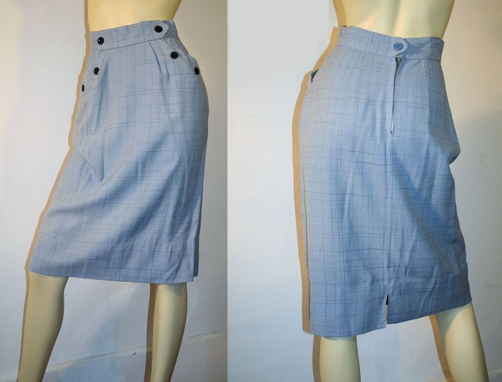 1950s Classic Blue Flecked Wool Pencil Skirt S 1950s Classic Blue Flecked Wool Pencil Skirt S