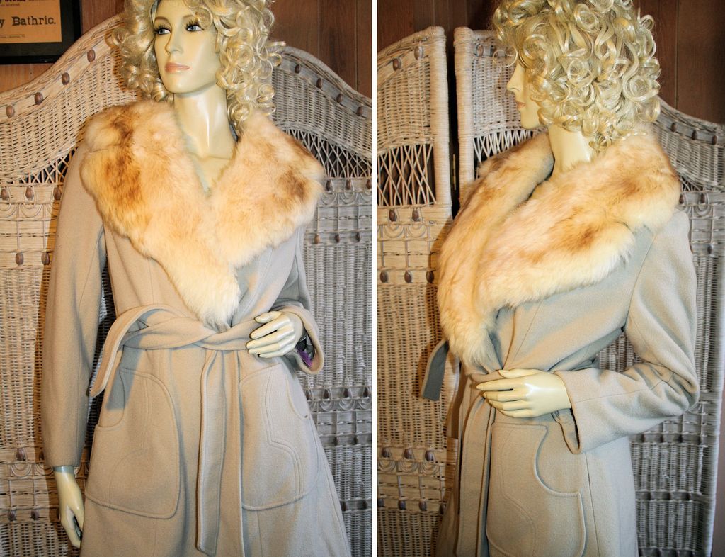 70's Wrap Belted Coat Big Faux Fox Collar S 70's Wrap Belted Coat Big Faux Fox Collar S