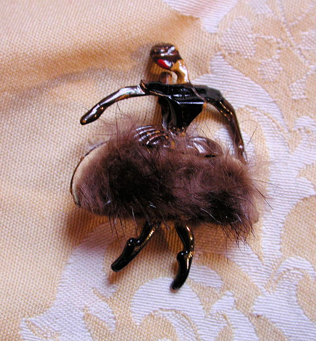 50's African American Ballerina Brooch with Real Mink Fur Skirt 50's African American Ballerina Brooch with Real Mink Fur Skirt