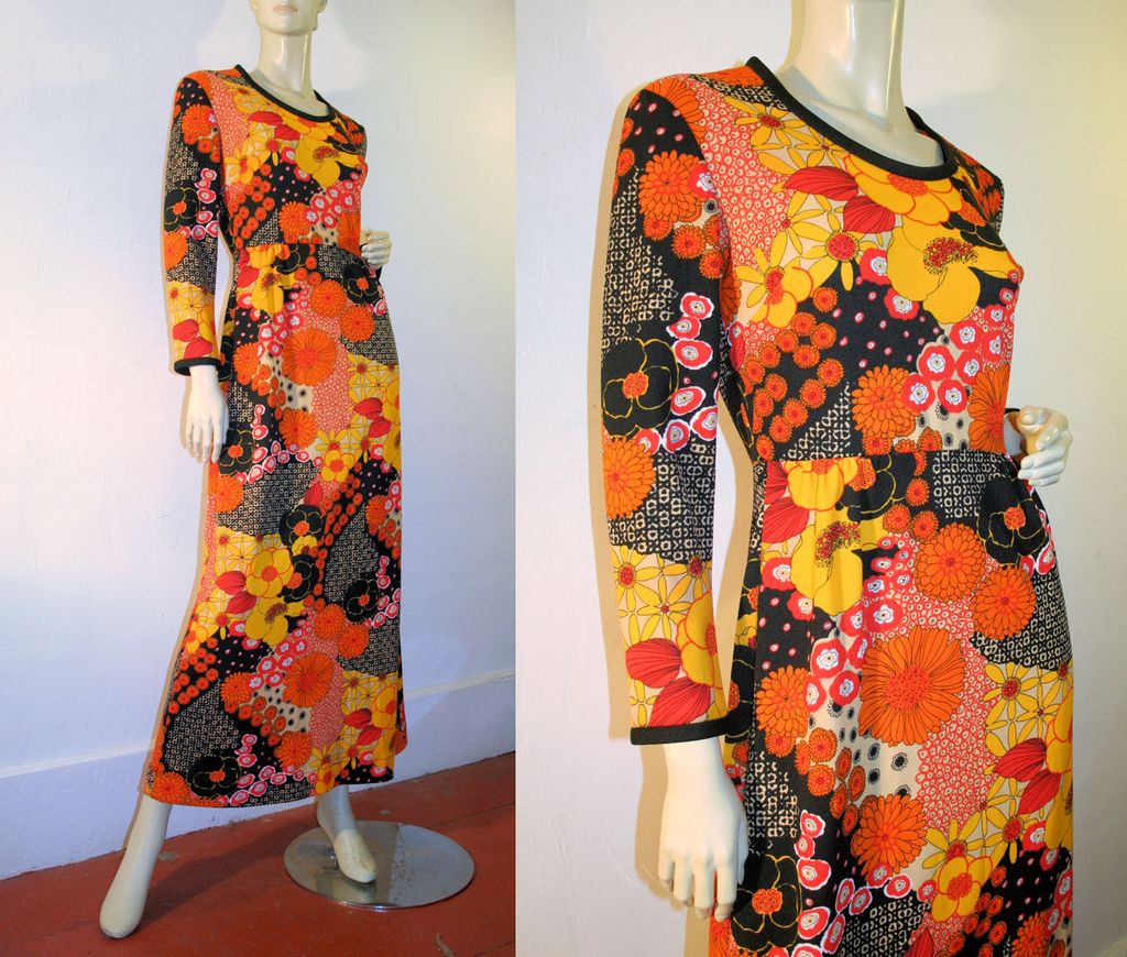 Flower Power 70's Orange Black Floral Maxi Dress S Flower Power 70's Orange Black Floral Maxi Dress S