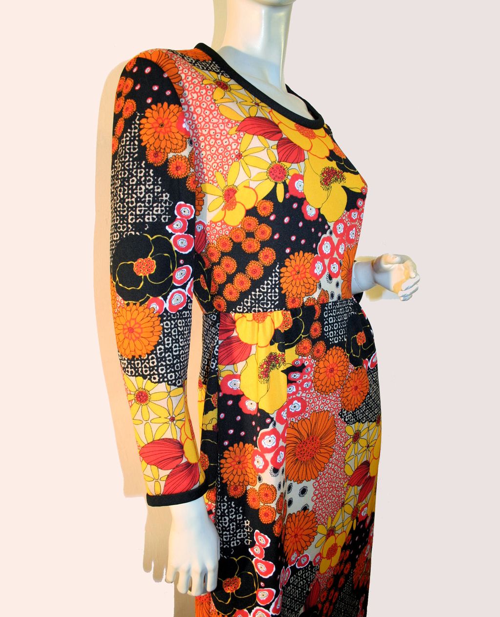 Flower Power 70's Orange Black Floral Maxi Dress S Flower Power 70's Orange Black Floral Maxi Dress S