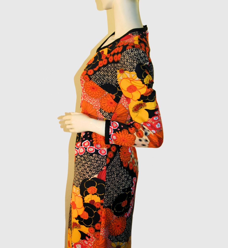 Flower Power 70's Orange Black Floral Maxi Dress S Flower Power 70's Orange Black Floral Maxi Dress S