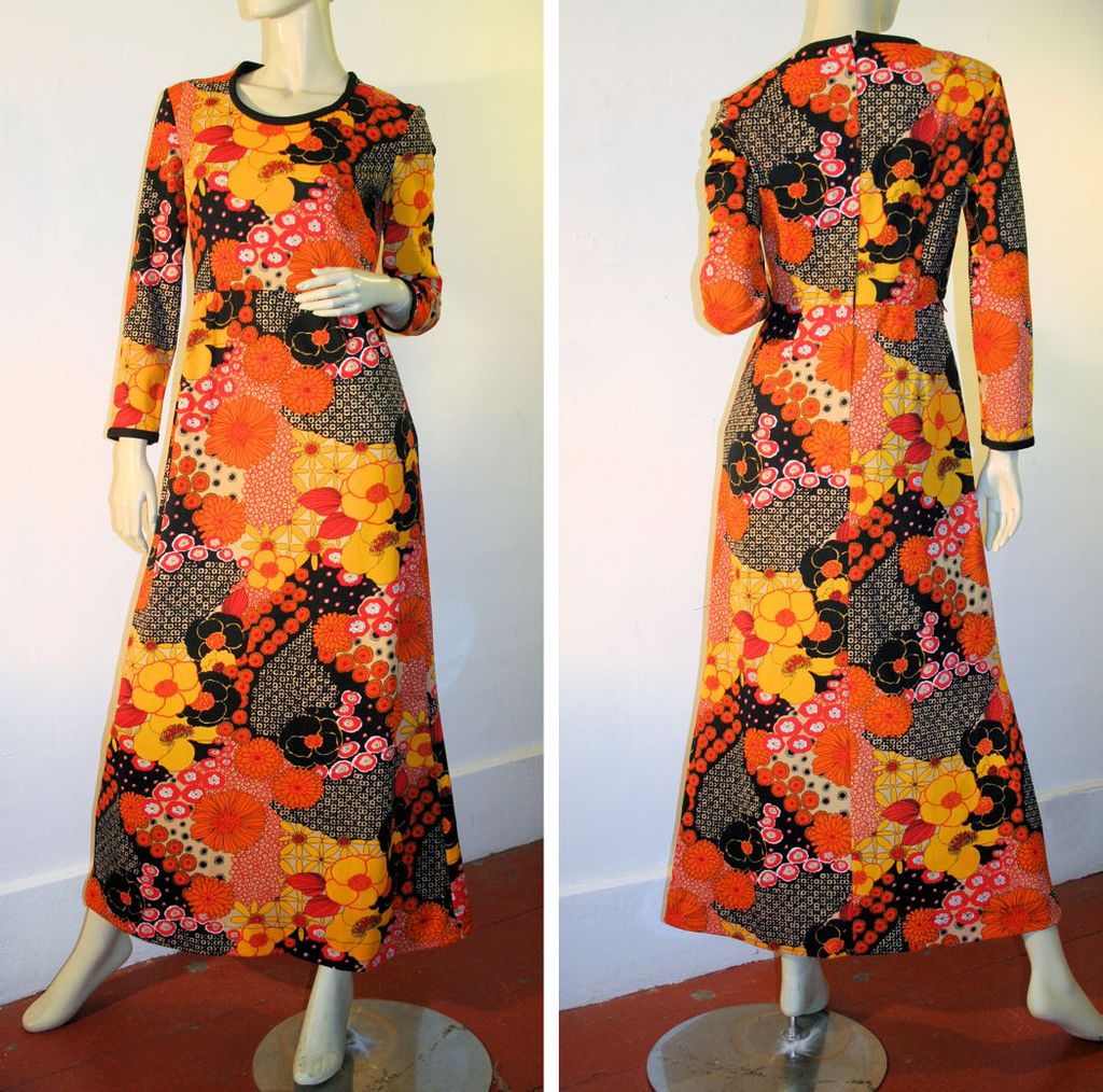 Flower Power 70's Orange Black Floral Maxi Dress S Flower Power 70's Orange Black Floral Maxi Dress S