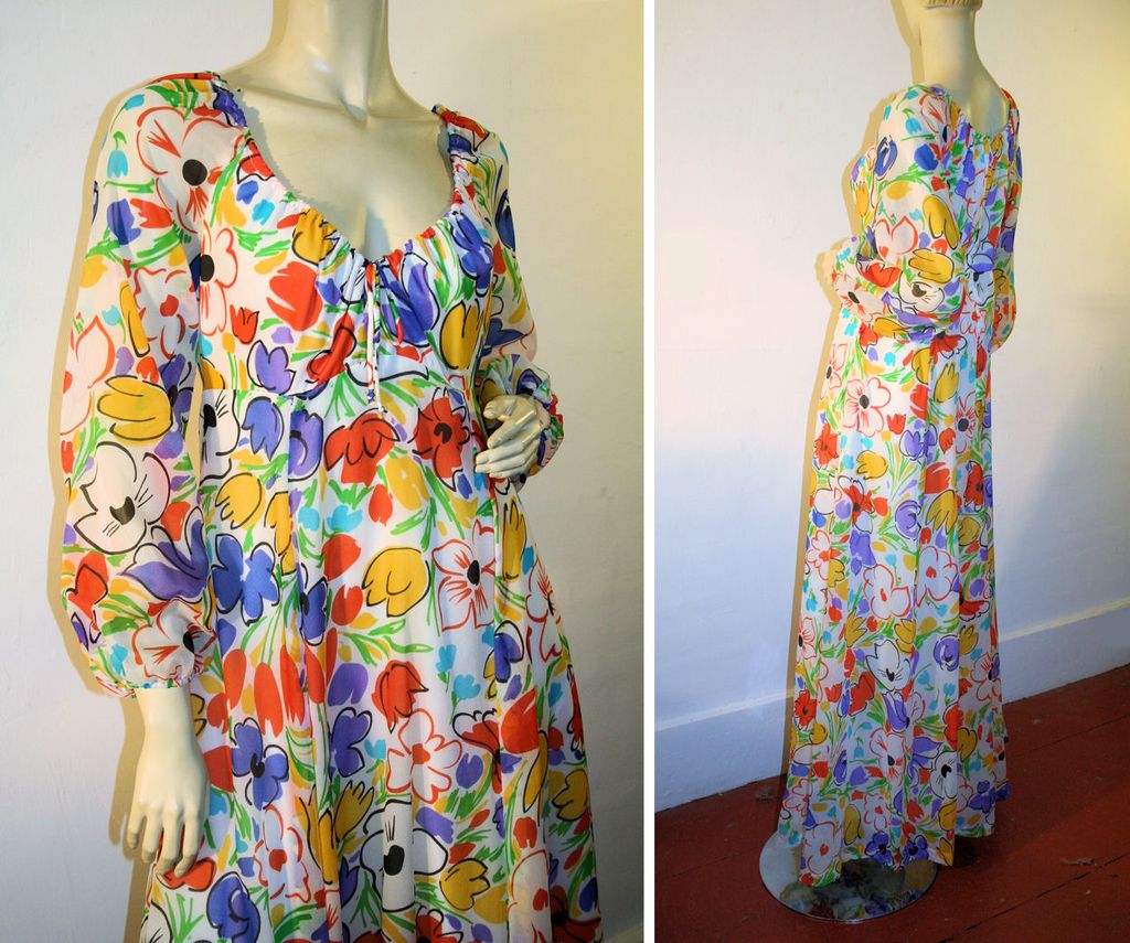 70's Lanz Dress Chiffon Floral Maxi Bright Crayola Crayon Colors S/M 70's Lanz Dress Chiffon Floral Maxi Bright Crayola Crayon Colors S/M
