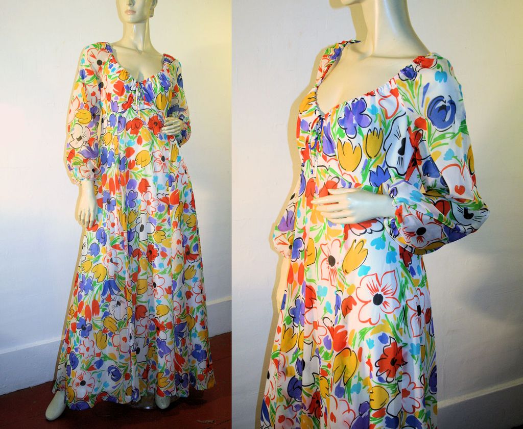 70's Lanz Dress Chiffon Floral Maxi Bright Crayola Crayon Colors S/M 70's Lanz Dress Chiffon Floral Maxi Bright Crayola Crayon Colors S/M