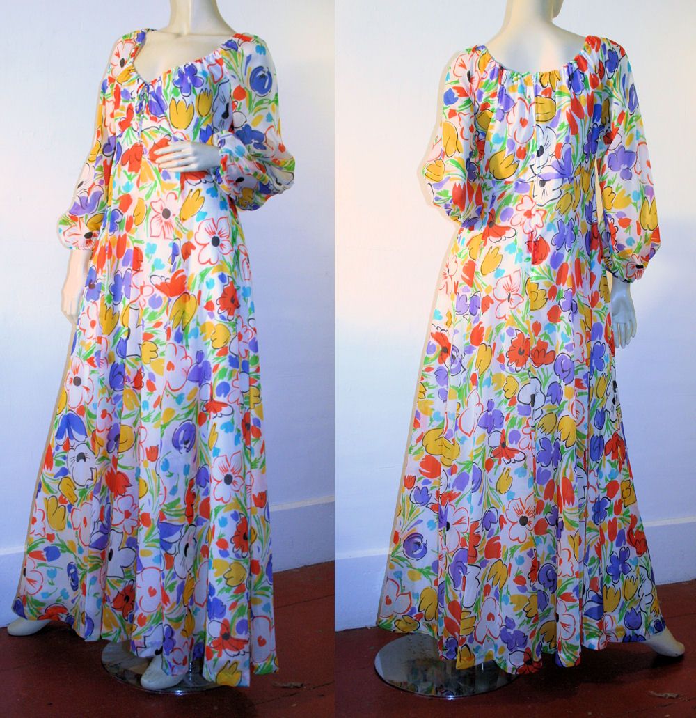 70's Lanz Dress Chiffon Floral Maxi Bright Crayola Crayon Colors S/M 70's Lanz Dress Chiffon Floral Maxi Bright Crayola Crayon Colors S/M